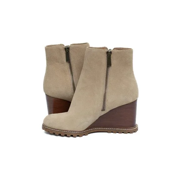 MICHAEL MICHAEL KORS Womens 7 M Beige Evelyn Round Toe Wedge Leather Booties - Picture 9 of 15